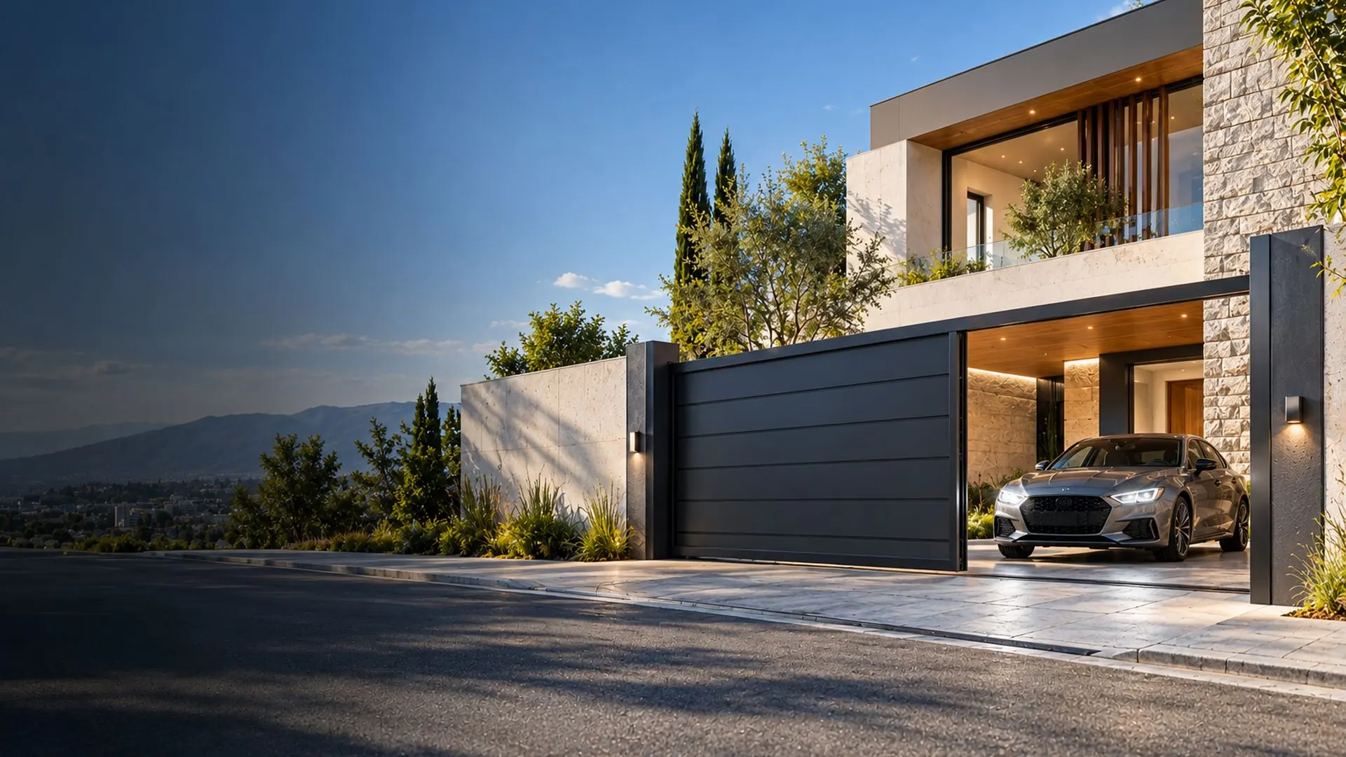 Residencia moderna con portón corredizo automático y auto en la cochera