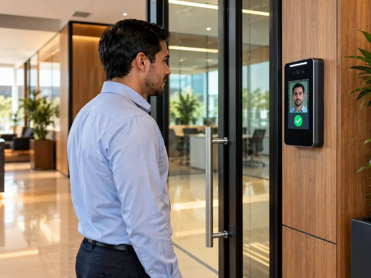 Empleado entrando a una oficina con lector facial