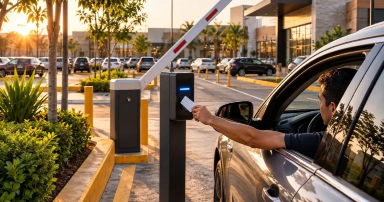 Pluma de control vehicular en la entrada de un estacionamiento