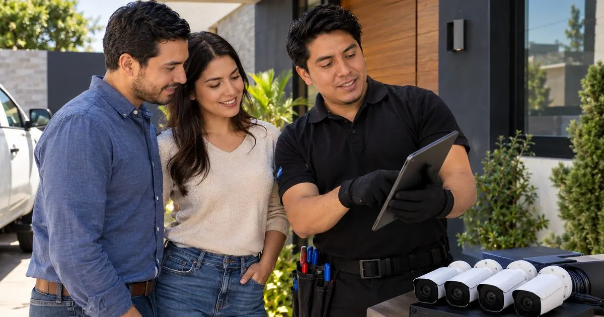 Técnico instalando una cámara de seguridad en la fachada de una casa