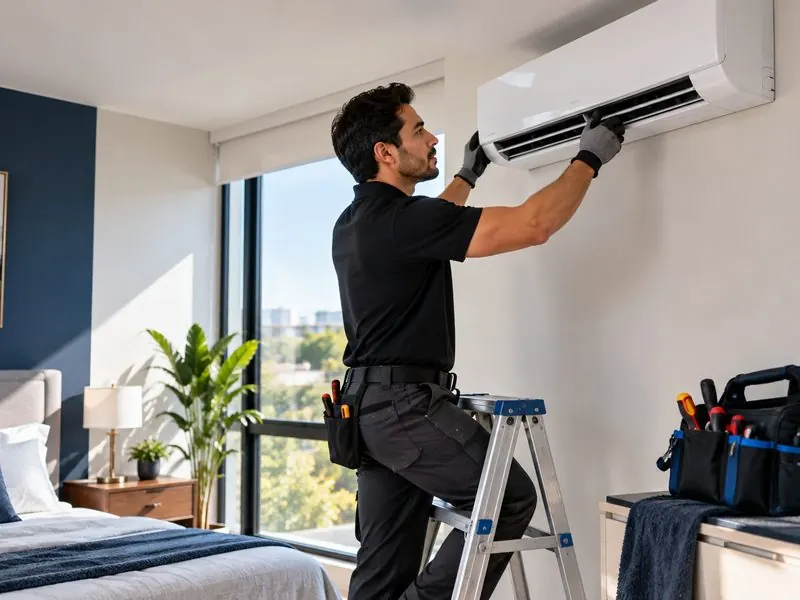 Técnico instalando un minisplit en una recámara