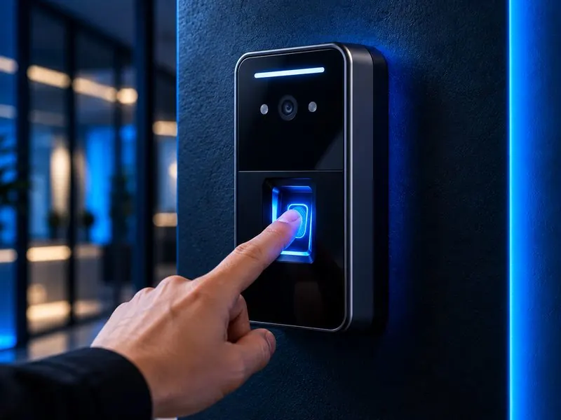 Dedo sobre el lector de huella de una terminal de acceso