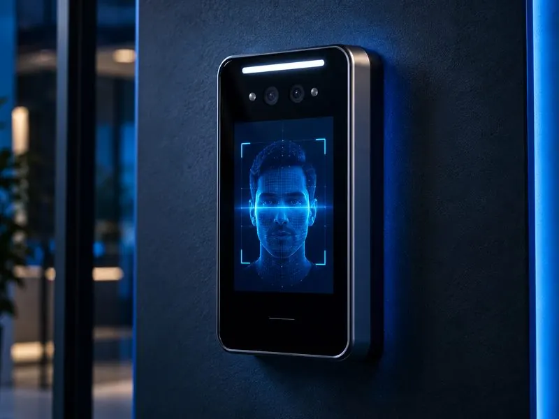 Terminal de reconocimiento facial con escaneo de rostro en luz azul