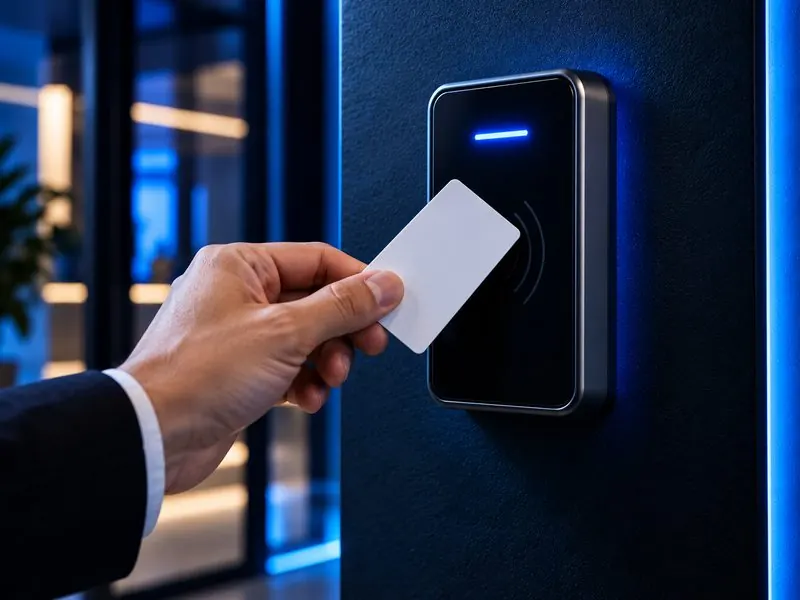 Mano acercando una tarjeta de proximidad a un lector de acceso