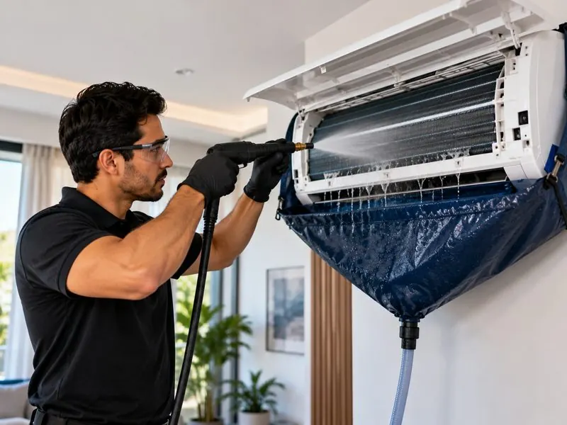 Técnico lavando un minisplit con bolsa protectora