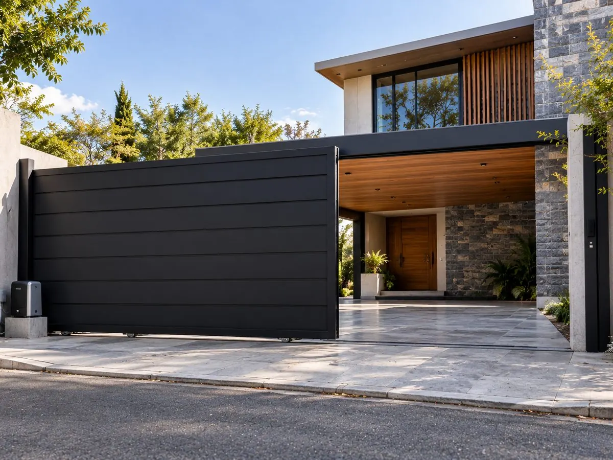 Portón corredizo automático con motor instalado en una casa