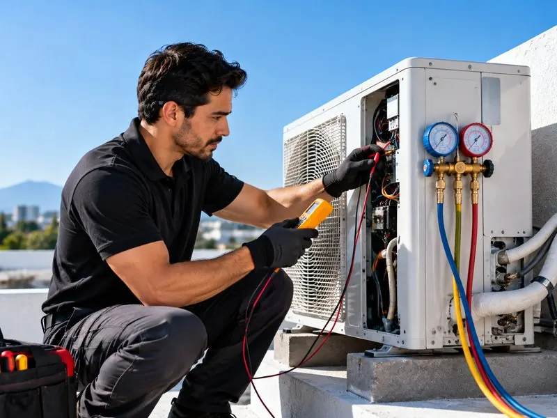 Técnico revisando la unidad exterior de un minisplit con manómetros